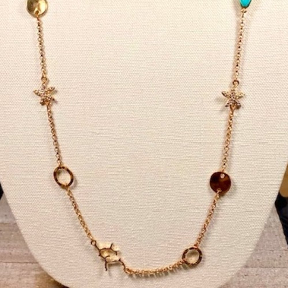 Gold chain necklace with stars, beads, and more, 34 inches long,(5023)